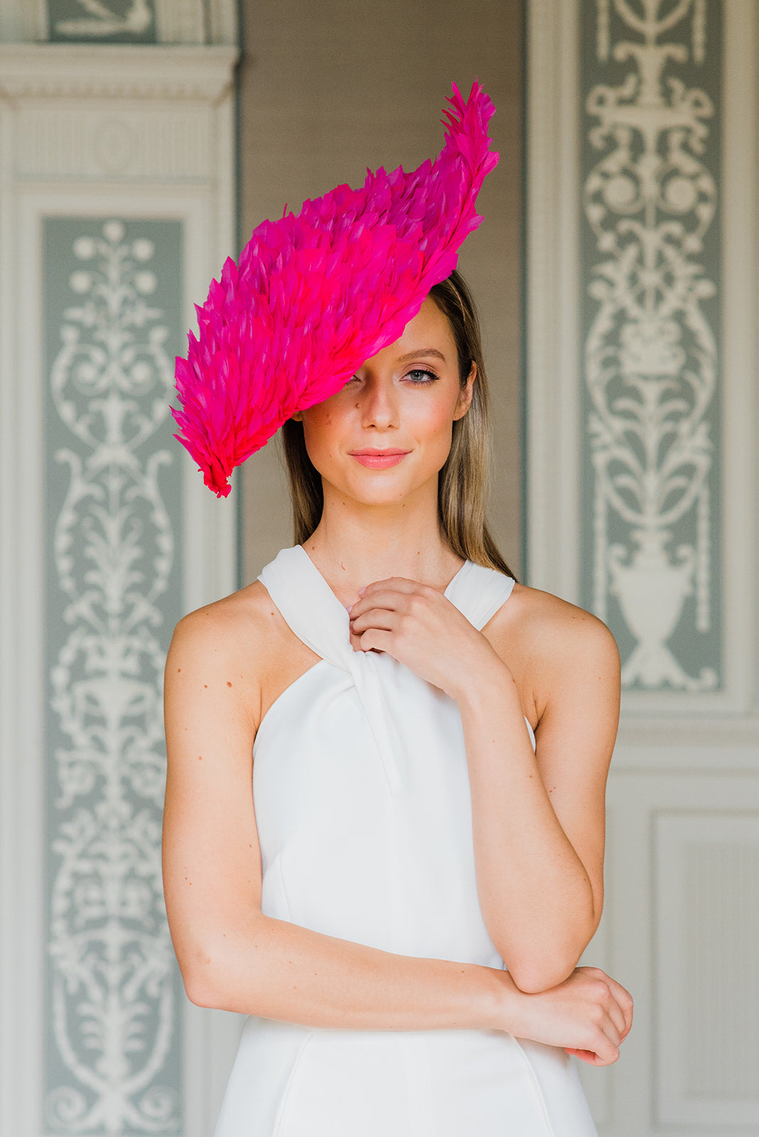 Aoife Harrison - Neon Pink Feather diamond hat
