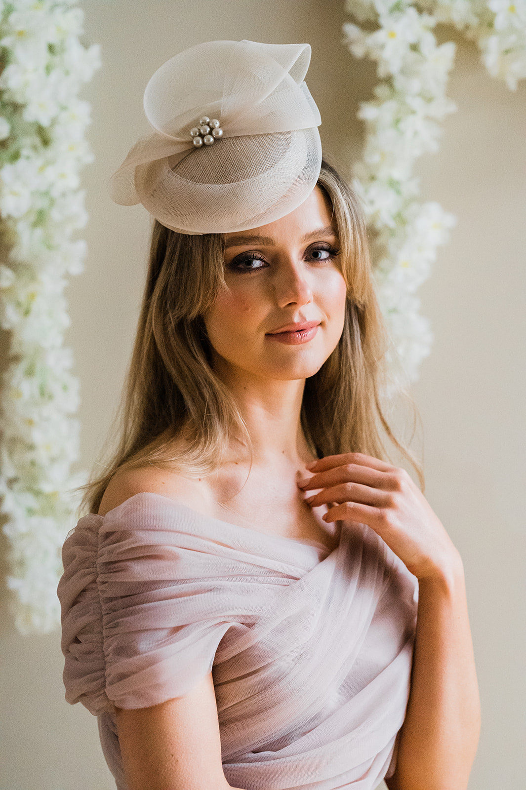 Aoife Harrison - Taupe cocktail hat with crin swirl