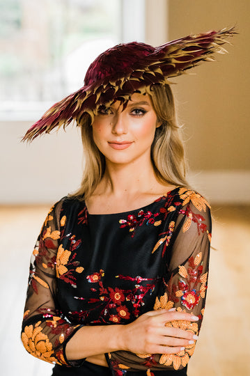 Aoife Harrison - Burgundy Feather hat with gold tips