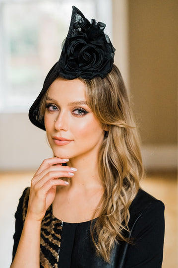 Aoife Harrison - Black Sinamay Diamond hat with black roses