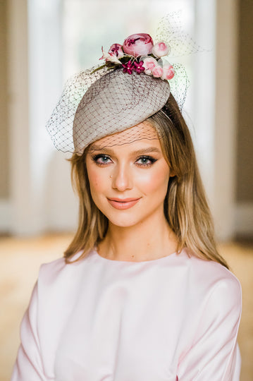 Aoife Harrison - Grey teardrop cocktail hat with roses and veiling