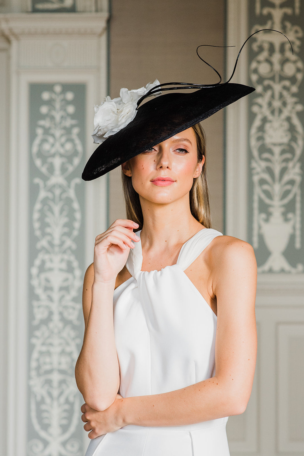 Aoife Harrison - Dior Style Black Sinamay Hat with curled quills and Ivory roses